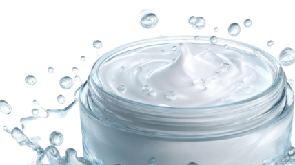 Macro close-up of a fresh, clear drop of blue liquid splashing into a transparent glass jar of cream and milk creating a clean, cold ripple