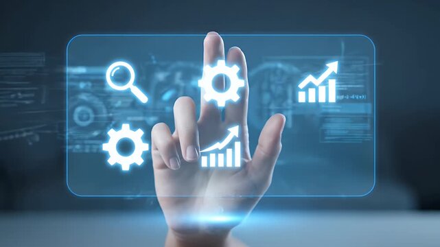 Hand Interacting With Digital Interface Technology Visualization on a Screen with Blue Glow, Against a Soft Gradient Background Optimized for Adobe Stock