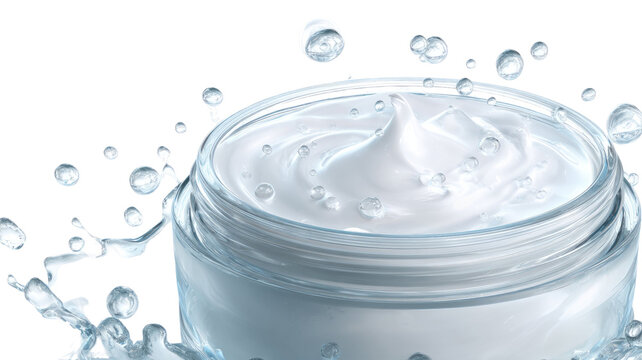 Macro close-up of a fresh, clear drop of blue liquid splashing into a transparent glass jar of cream and milk creating a clean, cold ripple