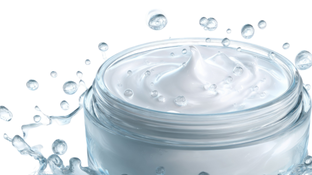 Macro close-up of a fresh, clear drop of blue liquid splashing into a transparent glass jar of cream and milk creating a clean, cold ripple