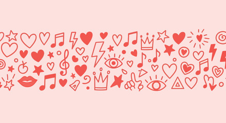 Playful Doodle Icons Vector Illustration on Pink Background: Music, Hearts, Stars and Lightning