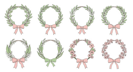 Elegant floral wreath vector illustration set with delicate bows for various design purposes