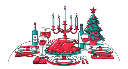 Holiday Feast: Festive Christmas Dinner Table Vector Illustration with Tree and Decorations