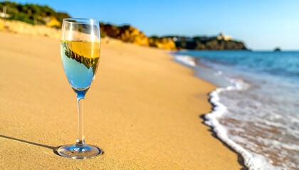 Champagne flute on sandy beach with gentle waves, bright sky and blurred cliffside in distance