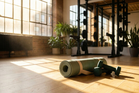 A sunlit view of a rolled green yoga mat and a pair of matching dumbbells resting on a warm wooden floor in an industrial-style gym studio.