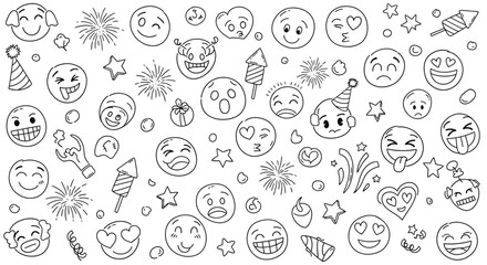 Hand drawn emoji celebration illustration with party elements in doodle style for design
