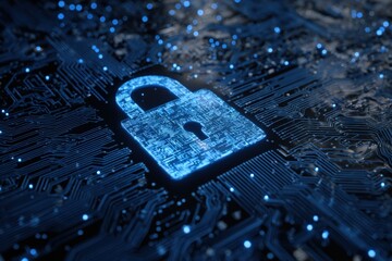 Glowing blue padlock superimposed on a complex digital circuit board