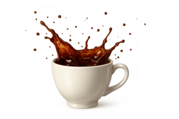 Coffee splashing out of a white cup, creating dynamic droplets and a vibrant liquid movement, high speed action, transparent background