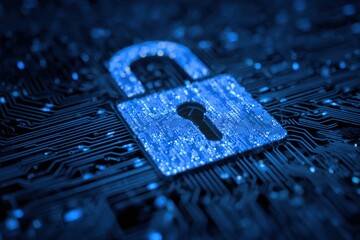 Glowing blue padlock superimposed on a detailed electronic circuit board