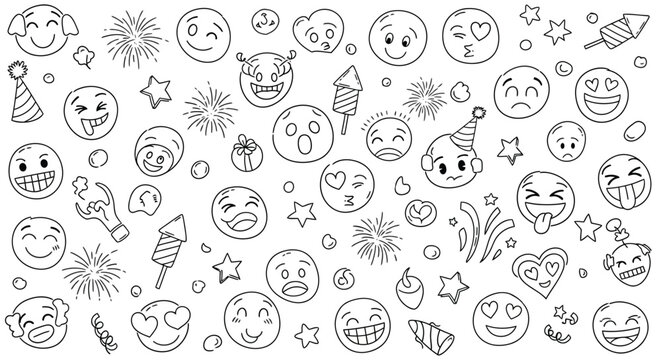 Hand drawn emoji celebration illustration with party elements in doodle style for design - Powered by Adobe