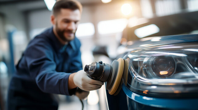 Professional detailer polishing vehicle with machine buffer faceless worker defocused garage background close up paint correction waxing process vehicle care maintenance