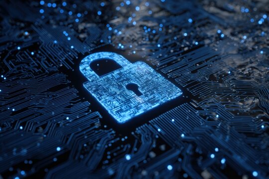 Glowing blue padlock superimposed on a complex digital circuit board