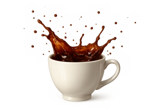 Coffee splashing out of a white cup, creating dynamic droplets and a vibrant liquid movement, high speed action, transparent background