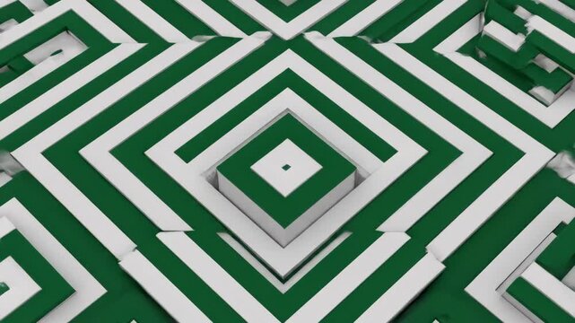 A captivating geometric pattern featuring layered green and white cubes creating optical illusions, perfect for contemporary graphic design and digital art projects.