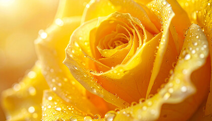 Close up macro shot of yellow rose with fresh water droplets, high resolution floral texture for background and wallpaper

