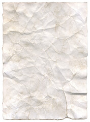 Crumpled sheet of dirty torn paper with detailed ripped edges on transparent background for clipart.
