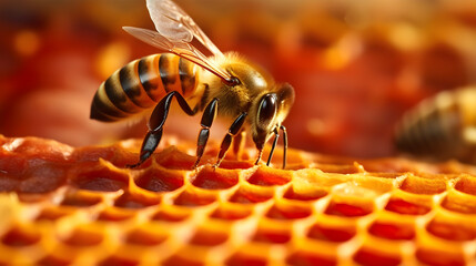A honey bee on a honeycomb with a blurred background.