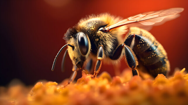 A honey bee with its wings spread, perched on a yellow flower, surrounded by a blurred background.