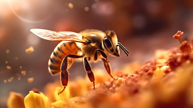 A honey bee with its wings spread, perched on a flower, surrounded by pollen and nectar, against a blurred background of a garden with yellow flowers.