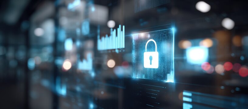 Digital security interface displaying a padlock and charts in a blurred urban background