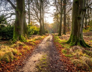 Obraz premium Autumn path winding through a forest, leaves scattered, sunlight filtering through the trees, green moss covered trunks