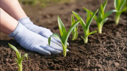 Close-up of hands in garden gloves gently pressing soil around newly planted seedlings, illustrating sustainable gardening, organic farming, spring planting, and care for plants