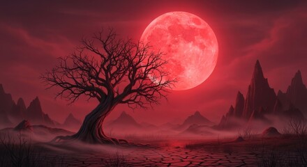 Eerie Blood Moon Landscape with Barren Twisted Tree