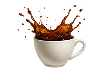 Coffee splashing out of a white cup, forming an active crown of liquid and drops. Dynamic drink with transparent background