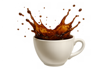 Coffee splashing out of a white cup, forming an active crown of liquid and drops. Dynamic drink with transparent background