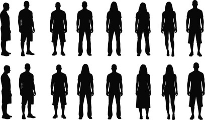 Casual People Silhouettes Vector Collection, Black Set of Young Adults Standing in T-shirts and Shorts, Perfect for Architectural Plans, Maps, or Infographics.