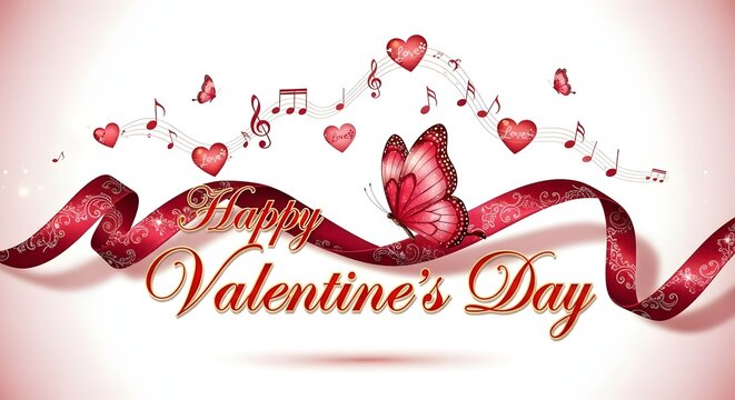 Valentine s day celebration with ribbon hearts and musical notes on white