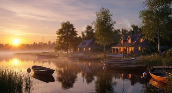Peaceful lakeside cottages at dawn with boats