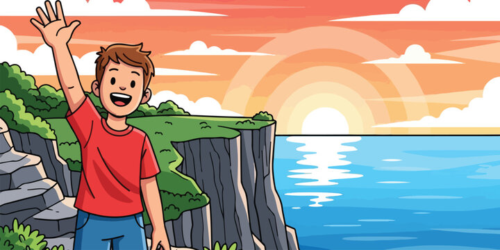 Friends Standing on Cliff Edge at Sunset - Ocean, Horizon, and Travel Adventure