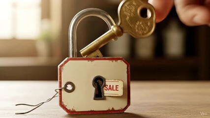 Vintage lock with key and sale tag on wooden table  