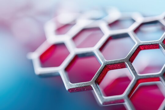 Closeup of a honeycomb composite panel with red and silver hexagonal structure on blurred blue-pink background