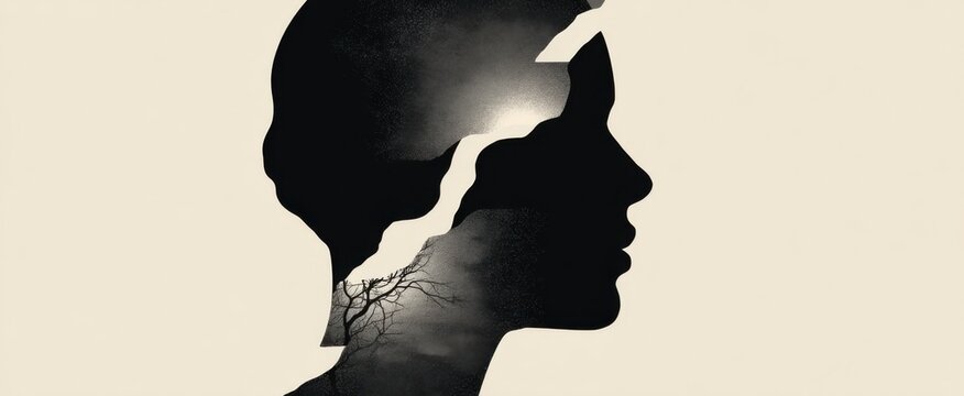 The fragmented human face silhouette dances like shattered glass in minimalist style.