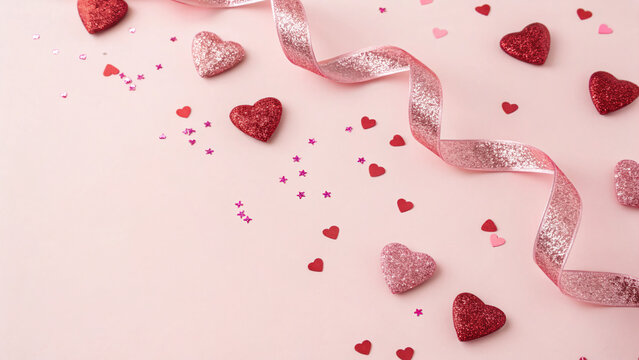 valentine's day decorations Bright red and pink hearts along with a sparkling ribbon create a cheerful scene on a soft pink background. 