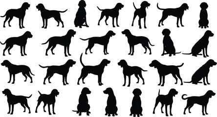 Dog Silhouette Vector Collection, Various Poses, Breeds, and Actions, Standing, Sitting, and Walking, Canine Animal Pet Graphics Bundle for Veterinary Logo Design and Print.