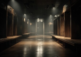 Dimly lit, empty locker room with wooden stalls and benches