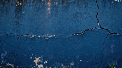 Fototapeta premium Weathered deep blue painted surface displays prominent, jagged structural cracks