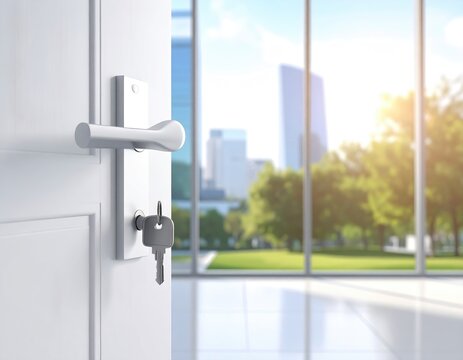 Open white door, keys, cityscape view, bright, sunny