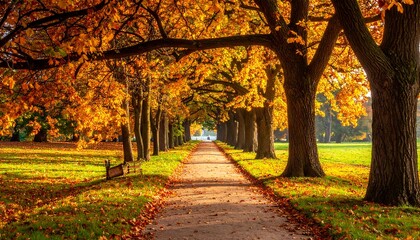 Autumn path with vibrant foliage. Bench on left; leaves scattered; symmetrical tree line. Soft golden light