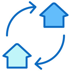 Property Exchange Blue Fill Icon Design Vector - Two houses connected by arrows, symbolizing property swap, relocation, or home exchange process