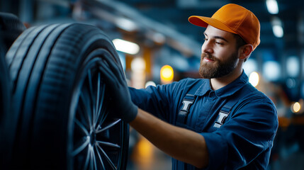 Mechanic changing tire in modern automotive repair workshop faceless professional defocused service bay background wheel maintenance scene vehicle service moment with copy spa