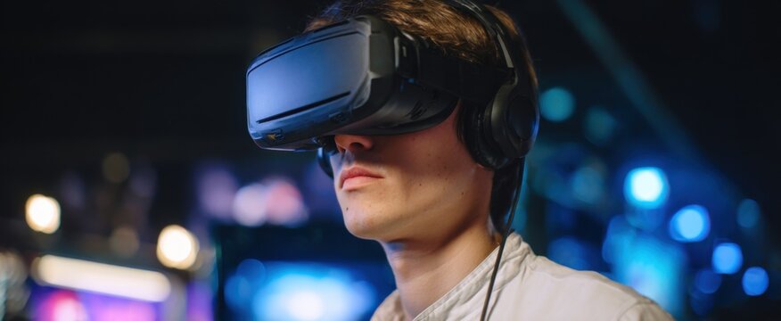 A person enjoying an immersive experience wearing VR gear and gaming digitally.