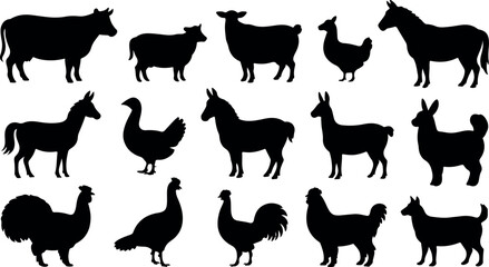 Naklejka premium Collection of black farm animal silhouettes including cow sheep chicken horse llama and dog farm animals