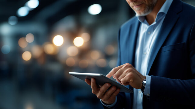 Professional using tablet analyzing automation artificial intelligence growth trends faceless businessman defocused manufacturing background optimize operational efficiency - Powered by Adobe