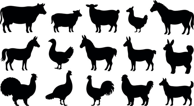 Collection of black farm animal silhouettes including cow sheep chicken horse llama and dog farm animals