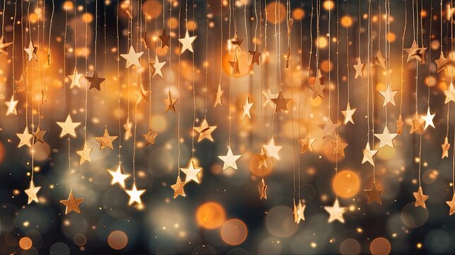 Golden stars hanging from strings against a dark background with bokeh effect.