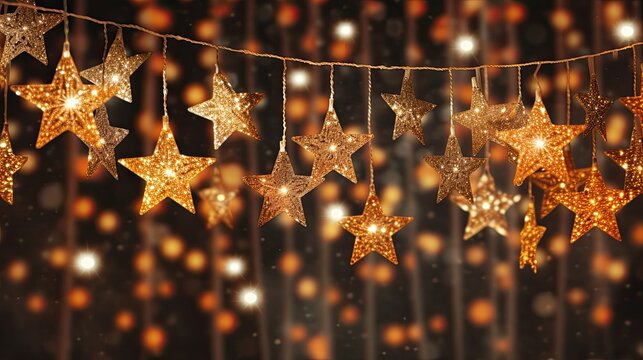 A string of golden star-shaped lights hanging from a string against a dark, blurred background with bokeh effects. - Powered by Adobe